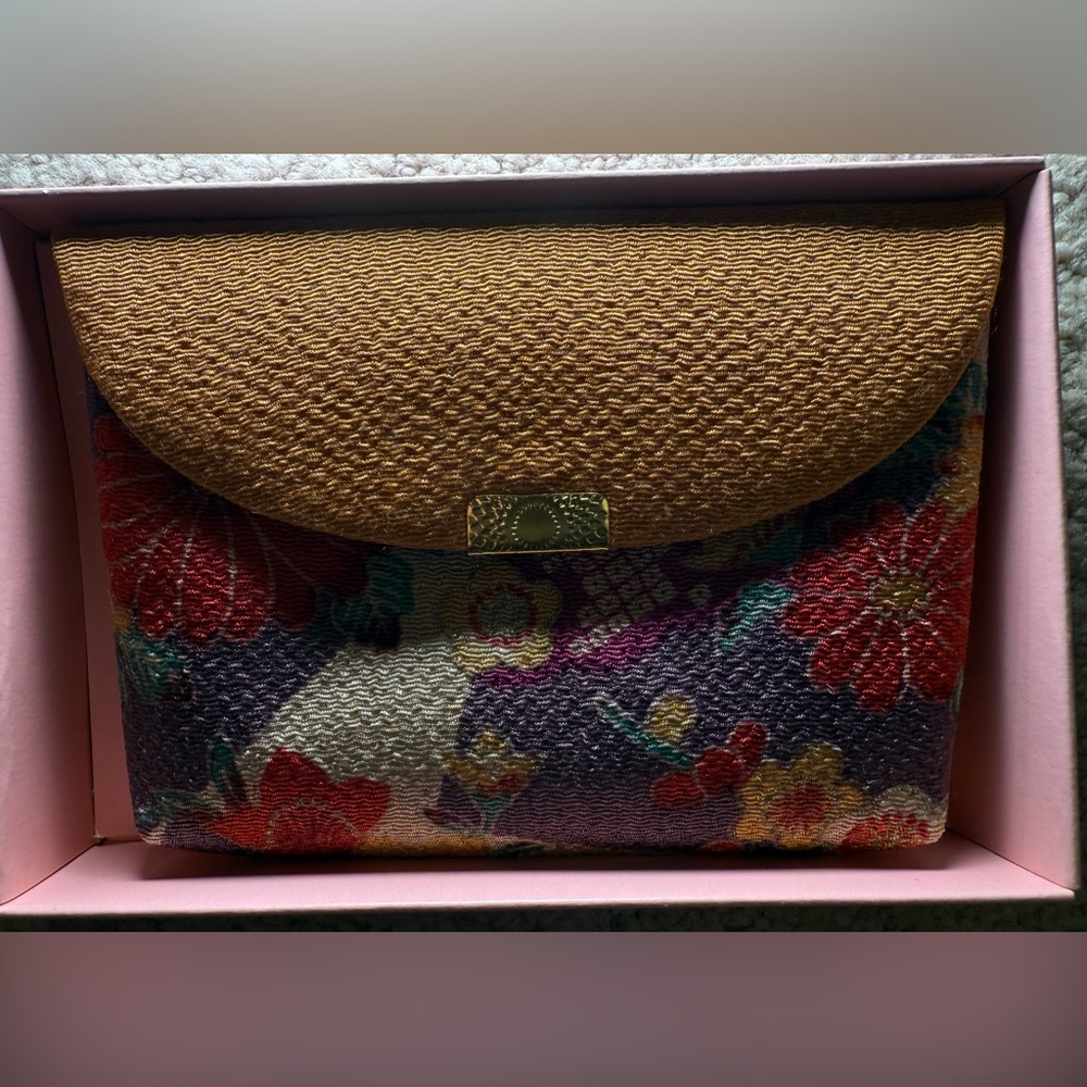 Japanese made small floral chirimen clutch made of crepe material, snap closure
